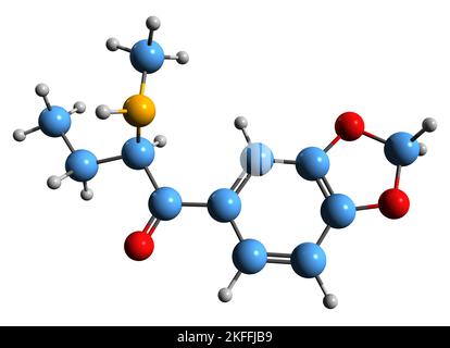 3D image de la formule squelettique de butylone - structure chimique moléculaire de l'entactogène psychédélique isolé sur fond blanc Banque D'Images