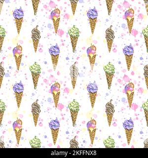 Cornets de gaufrage avec crème glacée et touches de peinture sur fond blanc. Illustration aquarelle. Motif sans couture provenant d'un grand ensemble de GLACES. Pour Banque D'Images