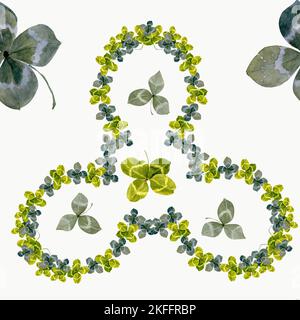 Motif aquarelle sans couture, feuilles de trèfle sur fond blanc. Dessinez à la main des feuilles pour le dayTemplate de St Patrick pour décorer des dessins et des illustrations Banque D'Images