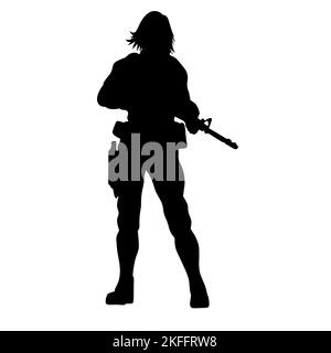 Silhouette noire et blanche d'une fille avec un pistolet. Une super femme dans un costume militaire en cuir avec pistolets et un fusil de sous-machine ou fusil. Un jeu informatique Banque D'Images