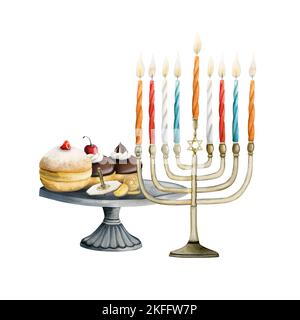 Fêtes juives symboles Hanukkah avec menorah, bougies, dreidel, beignets traditionnels. Idéal pour les cartes de vœux Hanuka et les motifs Web Banque D'Images