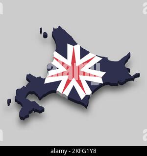 3D carte isométrique de Hokkaido est une préfecture du Japon avec un drapeau national Illustration de Vecteur