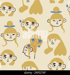 motif vectoriel sans coutures pour filles romantiques. Belle fille aux cheveux blonds et aux fleurs bleu clair. . Illustration vectorielle Illustration de Vecteur