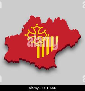 3D carte isométrique de l'Occitania est une région de France avec drapeau national Illustration de Vecteur