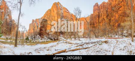 Panoramaaufnahme aus dem Zion Nationalpark im Winter mit Schnee fotografiert auf dem Zion Canyon Scenic Drive tagsüber im Januar 2013 Banque D'Images