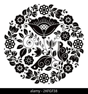 Scandinave folk art vector floral mandala motif noir et blanc dans le cadre inspiré de la broderie traditionnelle de Suède, de Norvège et de Den Illustration de Vecteur