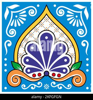 Motif mexicain style talavera vectoriel simple et sans couture avec feuilles et tourbillons, motif floral parfait pour le papier peint, le textile ou l'imprimé en tissu Illustration de Vecteur