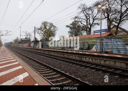 Leiferde, Allemagne. 18th novembre 2022. Les voies ferrées sont vides à la gare de Leiferde. Deux trains de marchandises sont entrés en collision dans le district de Gifhorn le 16 novembre 2022. Plusieurs wagons ont été endommagés et du gaz propane explosif s'est échappé de deux wagons-citernes. L'importante ligne ferroviaire avec de nombreuses liaisons ICE et IC, par exemple entre la Rhénanie-du-Nord-Westphalie et Berlin, a été fermée. Credit: Michael Matthey/dpa/Alay Live News Banque D'Images