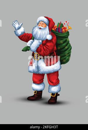 Affiche de joyeux Noël. Père Noël avec grand sac. Illustration vectorielle. Illustration de Vecteur
