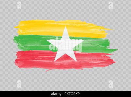 Drapeau de peinture aquarelle du Myanmar. Tracé de pinceau à dessin manuel Illustration de Vecteur