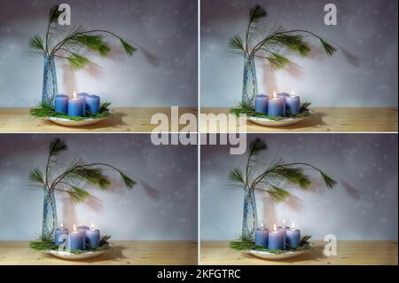 Quatre images avec bougies bleues, illuminées pour le premier au quatrième avènement, vase avec branches de pin, bokeh neigeux sur fond gris violet, série pour Banque D'Images