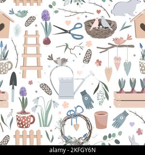 Motif d'outils de jardinage, fond vectoriel de ressort sans couture. Oiseaux mignons dessinés à la main, nid, pot d'eau, plantule, gants de jardinage et fleurs. Illustration de Vecteur