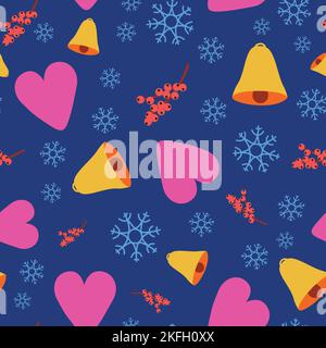 Motif coloré sans couture avec symboles de Noël, flocon de neige, cloche, coeur, airelle sur fond bleu foncé. Illustration de Vecteur