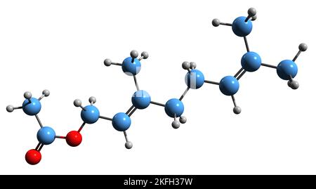 3D image de la formule squelettique d'acétate de Geranyl - structure chimique moléculaire du monoterpène naturel isolé sur fond blanc Banque D'Images