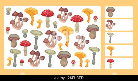 Modèle de biologie vectorielle pour les jeux préscolaires. J'espionne le jeu. Divertissement éducatif pour les enfants. Comptez le nombre de champignons. Caricature de forêt dessinés à la main champignons d'automne Illustration de Vecteur
