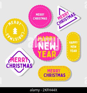 Pour les cadeaux de noël. Libellés de forme différente avec texte. Ensemble de vecteur de la nouvelle année. Style moderne, couleur jaune-violet-rose Illustration de Vecteur