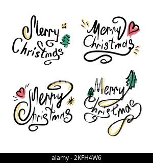 Jeu de lettres calligraphiques Joyeux Noël. Belle police noire avec tourbillons et éléments colorés. Modèle de conception pour les invitations et les cartes postales Illustration de Vecteur