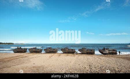 Tokunoshima, Japon. 18th novembre 2022. AAV7 (véhicule amphibie d'assaut) de la Brigade de déploiement rapide amphibie de la Force d'autodéfense terrestre du Japon font la queue lors de l'exercice militaire conjoint américain et japonais « Keen Sword 23 » à la plage de Manda, sur l'île Tokunoshima, préfecture de Kagoshima, au Japon, sur 18 novembre 2022. Photo par Keizo Mori/UPI crédit: UPI/Alay Live News Banque D'Images