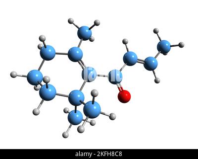 3D image de la formule squelettique de Damascone - structure chimique moléculaire des huiles essentielles composés chimiques isolés sur fond blanc Banque D'Images