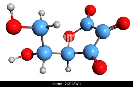 3D image de la formule squelettique de l'acide déhydroascorbique - structure chimique moléculaire de l'acide ascorbique forme oxydée isolée sur fond blanc Banque D'Images