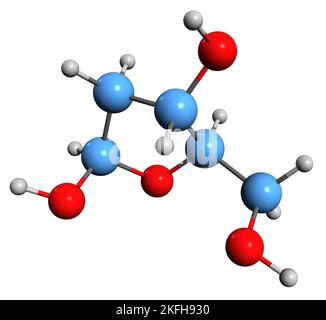 3D image de la formule squelettique désoxyribose - structure chimique moléculaire du 2-désoxy-d-erythro-pentose isolé sur fond blanc Banque D'Images