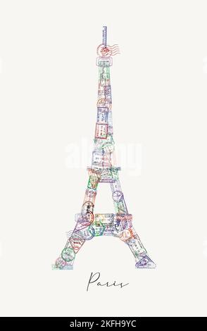 La tour Eiffel en passeport estampille différents pays avec des lettres de style poster de Paris Illustration de Vecteur