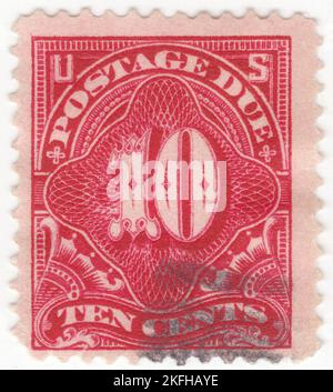 États-Unis - 1914: Un timbre de 10 cents carmin-lac Postage due représentant un cadre ovale avec chiffres (dénomination). Pour l'apposition, par un commis postal, sur tout objet pouvant être expédié, pour indiquer le montant à percevoir du destinataire en raison d'un pré-paiement insuffisant de l'affranchissement. Imprimé par le Bureau de gravure et d'impression Banque D'Images