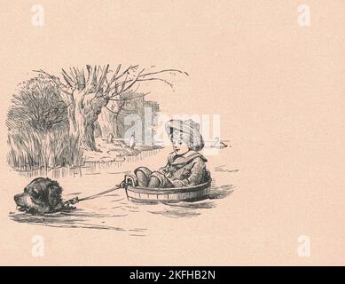 L'illustration antique en noir et blanc montre un garçon et un chien voiles dans la rivière. L'illustration vintage montre que le garçon est assis dans le canon et les voiles dans la rivière. Ancienne photo du livre de contes de fées. Illustration du livre de contes publiée 1910. La narration orale est la première méthode de partage des récits. Pendant la plupart des enfants, les récits sont utilisés pour les guider sur le comportement approprié, l'histoire culturelle, la formation d'une identité communautaire et les valeurs, comme étudié en anthropologie aujourd'hui parmi les peuples autochtones traditionnels. Banque D'Images