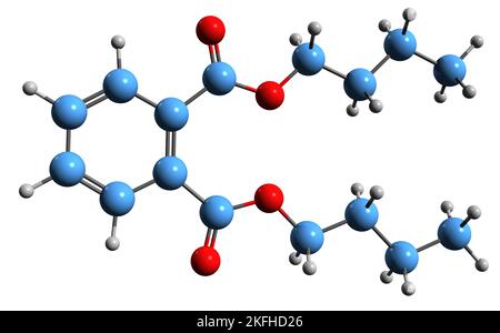 3D image de la formule squelettique du phtalate de dibutyle - structure chimique moléculaire du plastifiant Elaol isolé sur fond blanc Banque D'Images