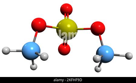 3D image de la formule squelettique du sulfate de diméthyle - structure chimique moléculaire de l'ester de diméthyle de l'acide sulfurique isolé sur fond blanc Banque D'Images