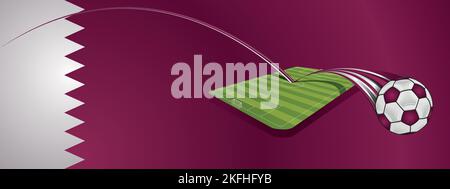 Ballon de football blanc et rouge rebondissant sur un terrain de football laissant un sentier sur un fond avec le drapeau du Qatar. Image vectorielle Illustration de Vecteur
