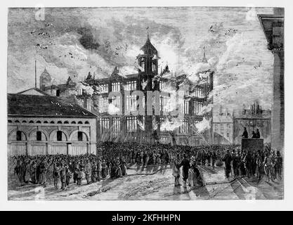 L'incendie désastreux de 1860 qui a fermé la maison des marins de Liverpool, pendant deux ans. Construit à Canning place, il a fourni un logement sûr et peu coûteux aux marins, ainsi que des possibilités éducatives et récréatives. Il a également joué un rôle central dans la mise en place de Liverpool comme l'un des ports maritimes commerciaux prospères du monde après le démantèlement de la traite des esclaves. Le bâtiment de style néo-élisabéthain Tudor a été conçu par l'architecte John Cunningham (1799-1873) de Liverpool, qui a été démoli en 1974, quelques années après sa fermeture en 1969. Banque D'Images