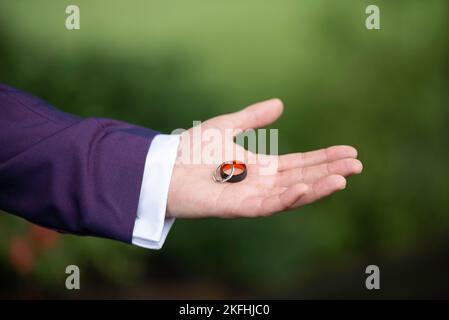 Anneaux de mariage tenus dans la main du marié portant une veste violette et une chemise blanche Banque D'Images