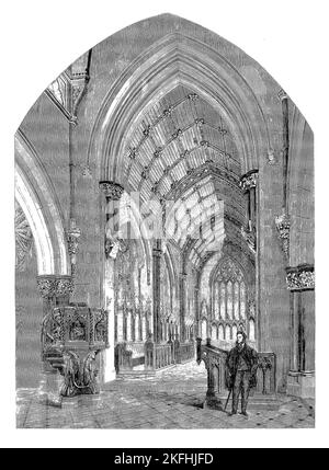 Vue du milieu du 19th siècle de l'église St Margare (surnommée l'église de marbre), Bodelwyddan, St Asaph, dans la vallée inférieure de Clwyd à Denbighshire, pays de Galles. L'église paroissiale décorée de style gothique a été conçue par John Gibson et consacrée par l'évêque de St Asaph le 23 août 1860. L'église contient quatorze variétés de marbre et de boiseries élaborées. Banque D'Images