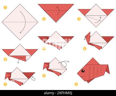 Tutoriel Origami pour les enfants. Origami poisson mignon. Illustration de Vecteur