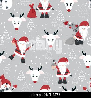 Motif de Noël mignon avec le Père Noël, les arbres de Noël et le renne. Motif vectoriel transparent. Convient aux textiles et au papier d'emballage. Illustration de Vecteur