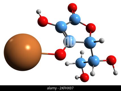 3D image de formule squelettique d'isoascorbate de potassium - structure chimique moléculaire du supplément alimentaire Е317 isolé sur fond blanc Banque D'Images