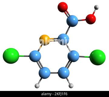 3D image de la formule du squelette de Clopyralide - structure chimique moléculaire de l'herbicide sélectif isolé sur fond blanc Banque D'Images