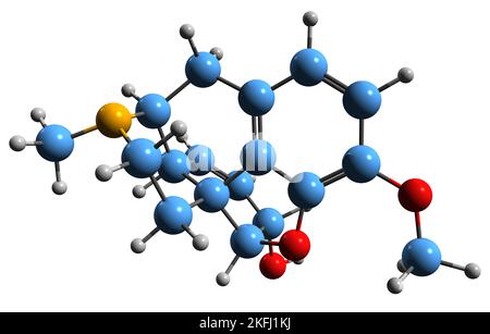 3D image de la formule squelettique de la Codeine - structure chimique moléculaire du médicament récréatif isolé sur fond blanc Banque D'Images