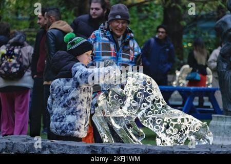 Londres, Royaume-Uni. 18th novembre 2022. Le festival de glace d'hiver se déroule sur trois jours à travers le domaine de Canary Wharf - du jeudi 17th au soir du samedi 19th, lorsque les visiteurs observent la création de grandes sculptures de glace, flânez le long de la piste de 15 animaux en voie de disparition congelés, et peut prendre part à des activités pratiques, sculptant leur propre ours polaire ou sculptant sur un mur de grafitti glacé. Crédit : onzième heure Photographie/Alamy Live News Banque D'Images