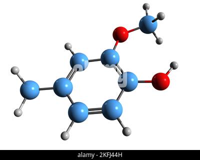 3D image de la formule squelettique du créosol - structure chimique moléculaire du 4-méthylguaiacol isolé sur fond blanc Banque D'Images