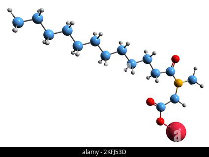 3D image de la formule squelettique du sarcosinate de lauroyle de sodium - structure chimique moléculaire du sarcosyle tensioactif anionique, isolé sur fond blanc Banque D'Images