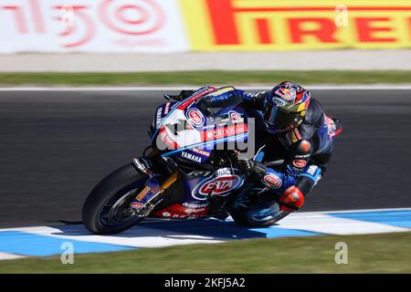 PHILLIP ISLAND, AUSTRALIE - NOVEMBRE 18: Toprak RAZGATLIOGLU de Turquie sur la Pata Yamaha avec Brixx WorldSBK Yamaha YZF R1during le monde FIM 2022 Banque D'Images