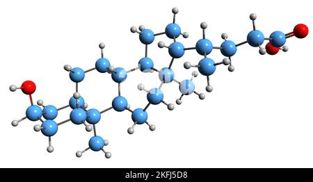 3D image de la formule squelettique de l'acide lithocholique - structure chimique moléculaire de l'acide biliaire LCA isolé sur fond blanc Banque D'Images