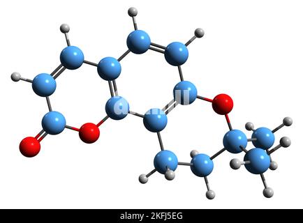 3D image de la formule du squelette de la Lomatine - structure chimique moléculaire de la coumarine Jatamansinol isolée sur fond blanc Banque D'Images