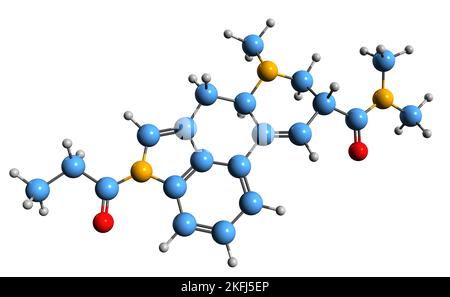 3D image de la formule squelettique 1P-LSD - structure chimique moléculaire de l'acide 1-propionyl-lysergique diéthylamide isolé sur fond blanc Banque D'Images