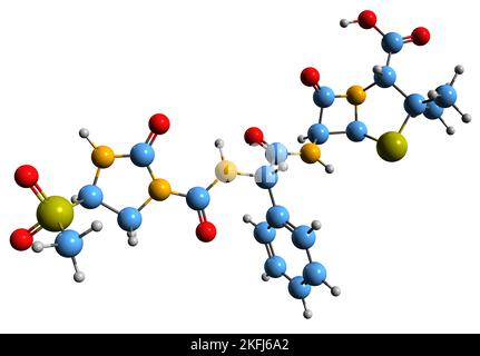 3D image de la formule squelettique de Mezlocilline - structure chimique moléculaire de l'antibiotique de pénicilline isolé sur fond blanc Banque D'Images