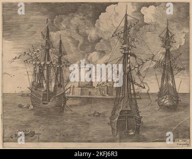 Quatre maîtres (à gauche) et deux trois maîtres ancrés près d'une île fortifiée avec un phare, 1565. Banque D'Images