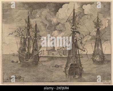 Quatre maîtres (à gauche) et deux trois maîtres ancrés près d'une île fortifiée avec un phare, 1565. Banque D'Images