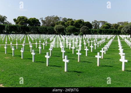 Cimetière américain d'Afrique du Nord, en hommage aux victimes de la guerre mondiale de 2. Pierres tombales blanches et champs verts entretenus. Mémorial et souvenir du combattant Banque D'Images